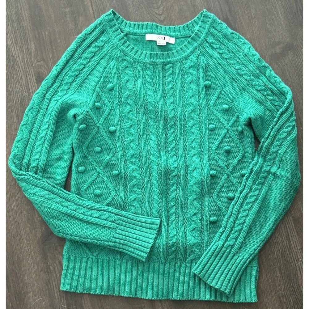 XXI Bobble Cable Knit Sweater Green Crewneck Festival Holiday Preppy Small Petit
